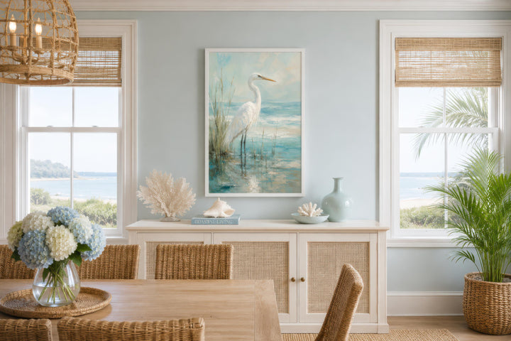 White Egret Artwork | Coastal Wall Decor for Beach House