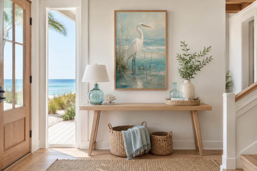 White Egret Artwork | Coastal Wall Decor for Beach House