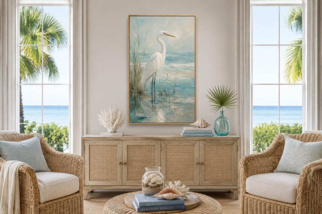 White Egret Artwork | Coastal Wall Decor for Beach House