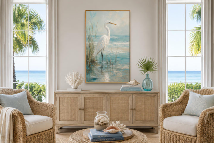White Egret Artwork | Coastal Wall Decor for Beach House