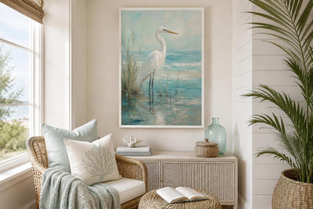 White Egret Artwork | Coastal Wall Decor for Beach House