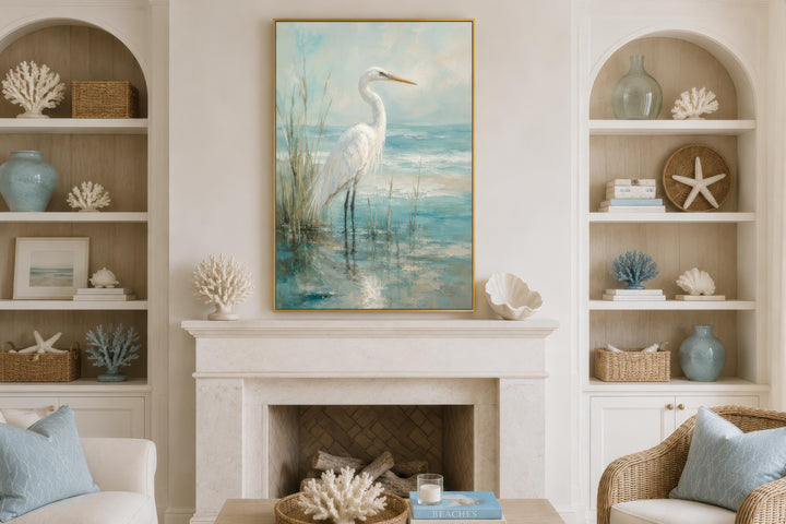 White Egret Artwork | Coastal Wall Decor for Beach House