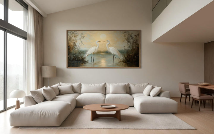 White Egrets At Sunset Horizontal Nature Scene Framed Canvas Wall Art