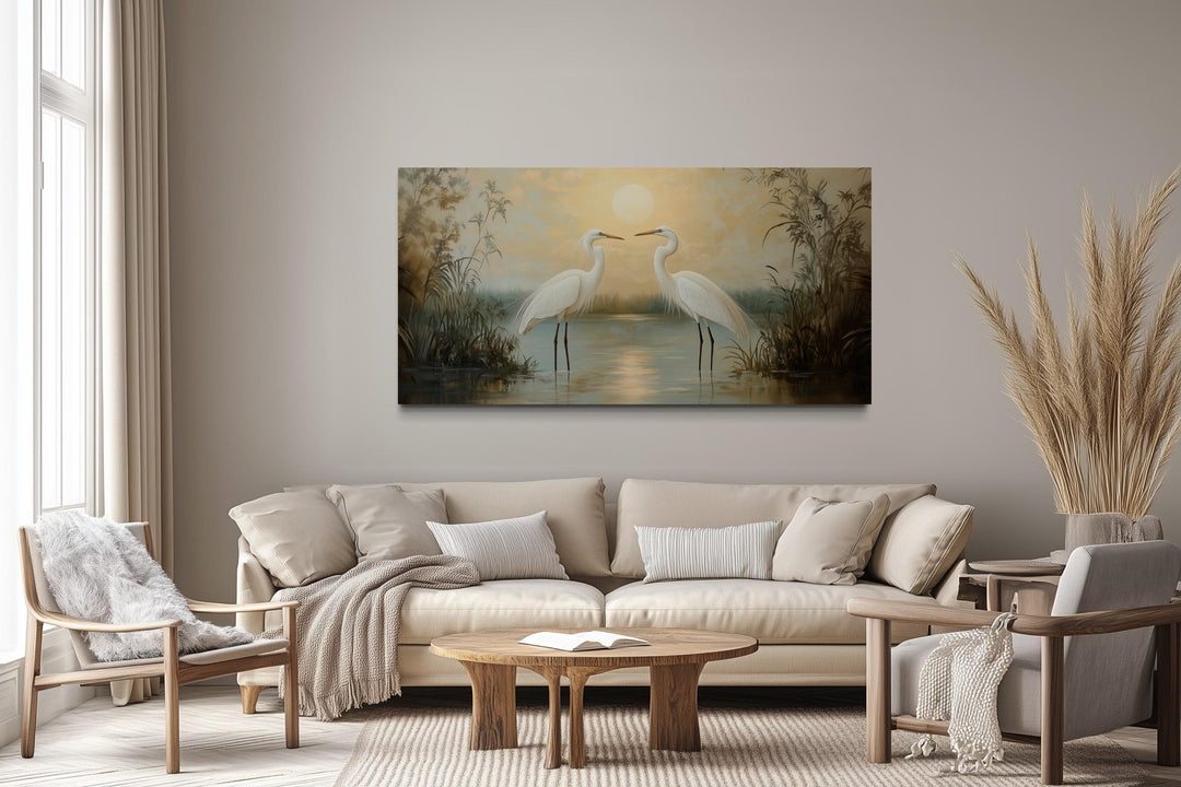 White Egrets At Sunset Horizontal Nature Scene Framed Canvas Wall Art