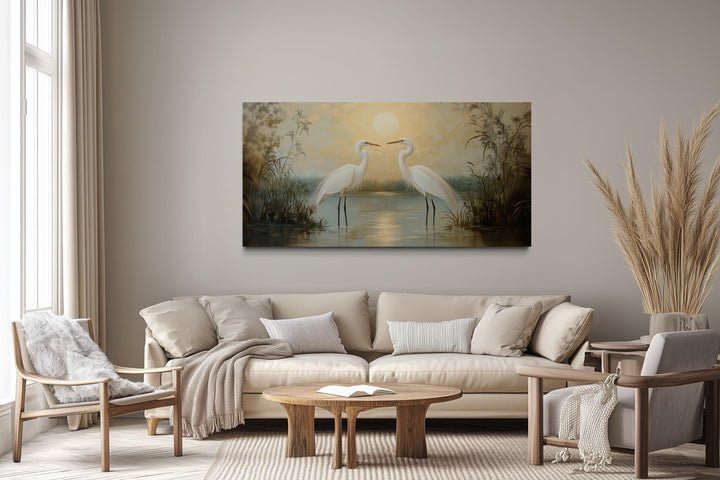 White Egrets At Sunset Horizontal Nature Scene Framed Canvas Wall Art