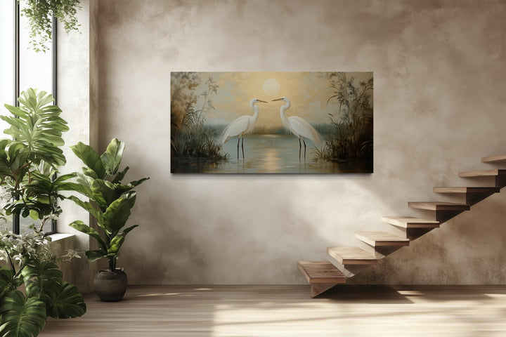 White Egrets At Sunset Horizontal Nature Scene Framed Canvas Wall Art