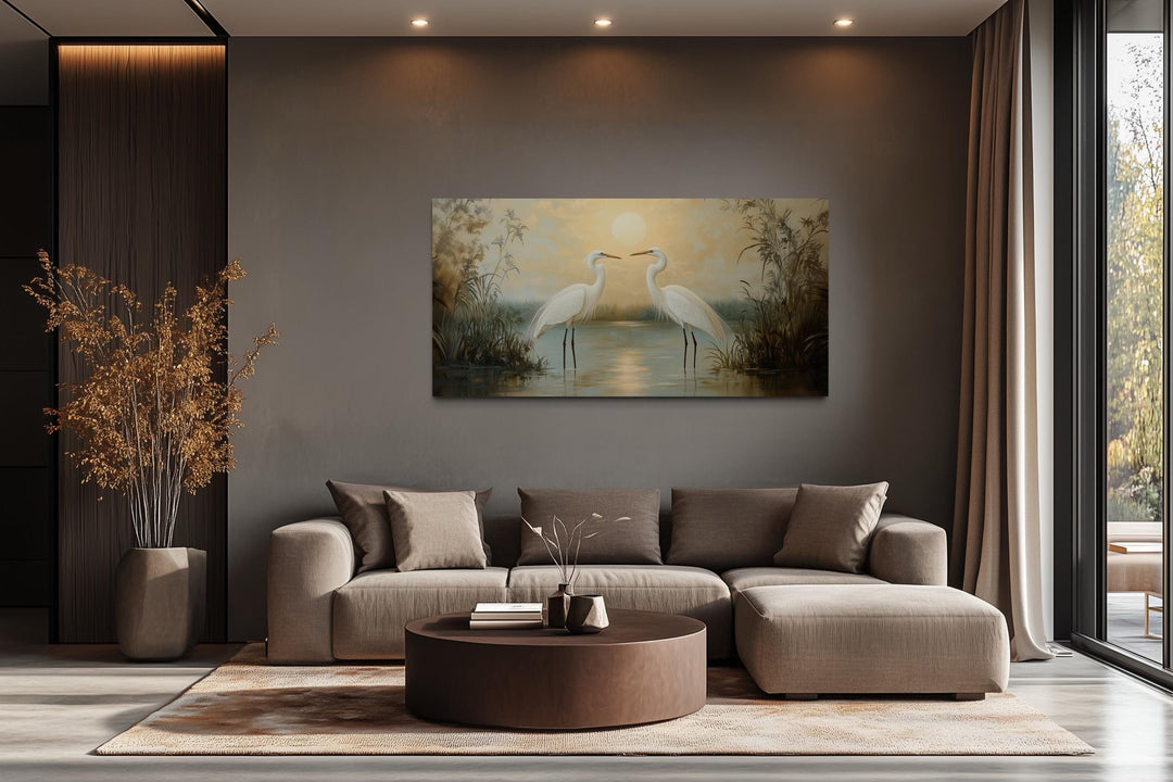 White Egrets At Sunset Horizontal Nature Scene Framed Canvas Wall Art