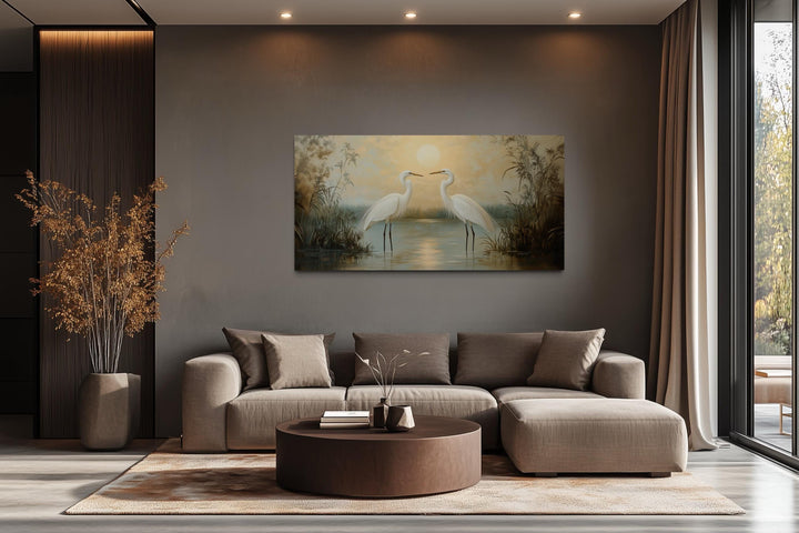 White Egrets At Sunset Horizontal Nature Scene Framed Canvas Wall Art
