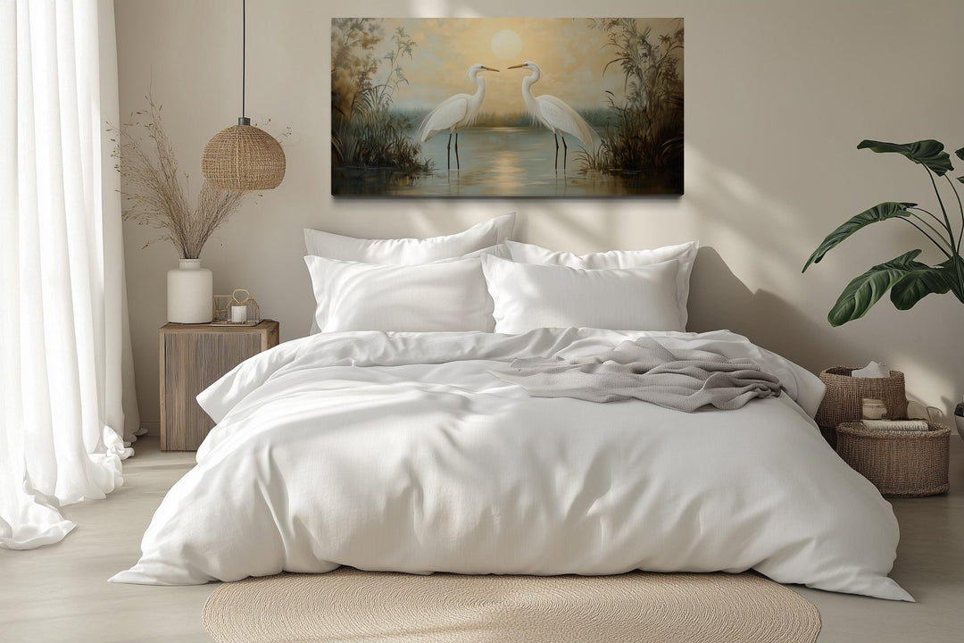 White Egrets At Sunset Horizontal Nature Scene Framed Canvas Wall Art
