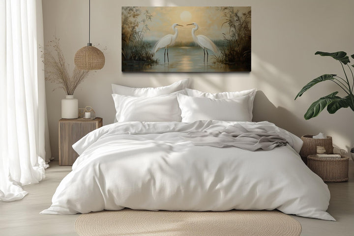White Egrets At Sunset Horizontal Nature Scene Framed Canvas Wall Art