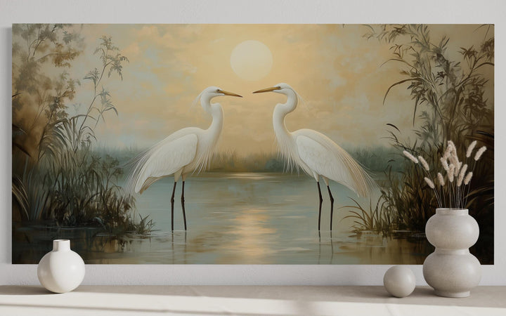 White Egrets At Sunset Horizontal Nature Scene Framed Canvas Wall Art