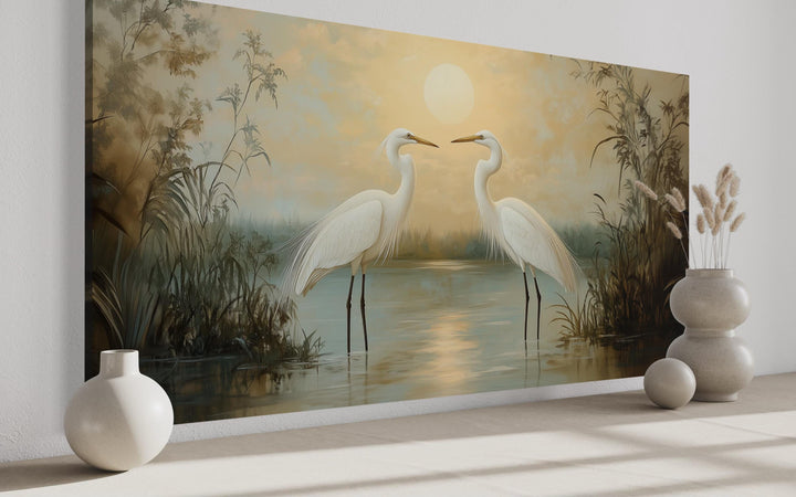 White Egrets At Sunset Horizontal Nature Scene Framed Canvas Wall Art