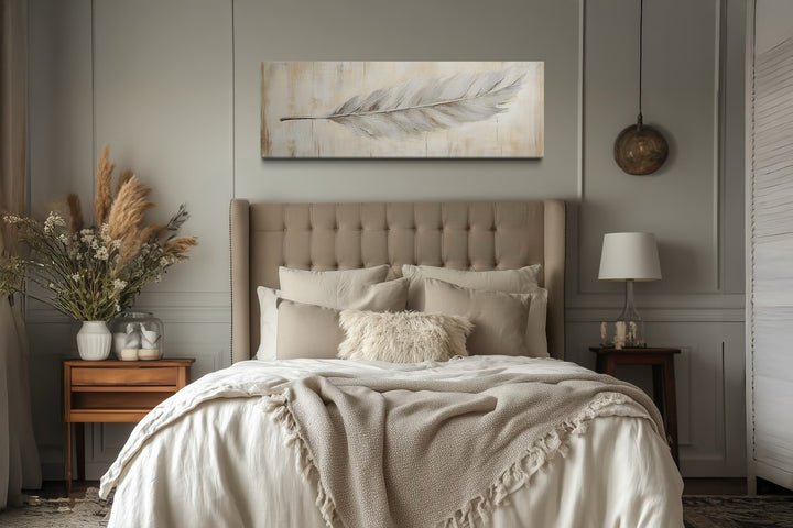 White Feather On Distressed Wood Rustic Long Narrow Wall Art