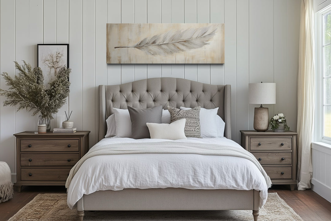 White Feather On Distressed Wood Rustic Long Narrow Wall Art