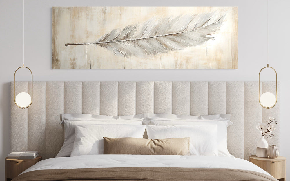 White Feather On Distressed Wood Rustic Long Narrow Wall Art