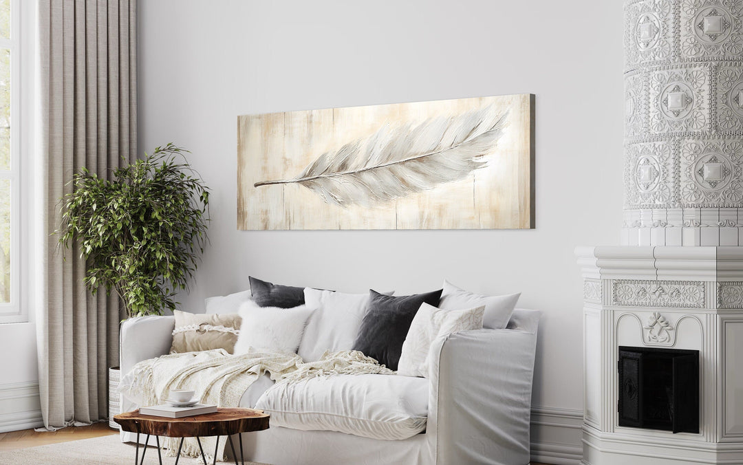 White Feather On Distressed Wood Rustic Long Narrow Wall Art