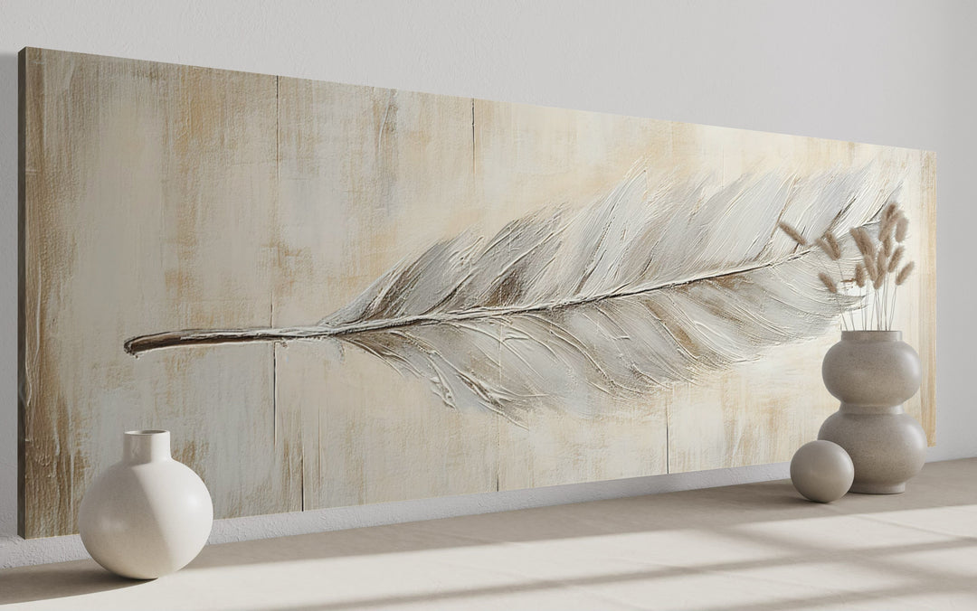 White Feather On Distressed Wood Rustic Long Narrow Wall Art