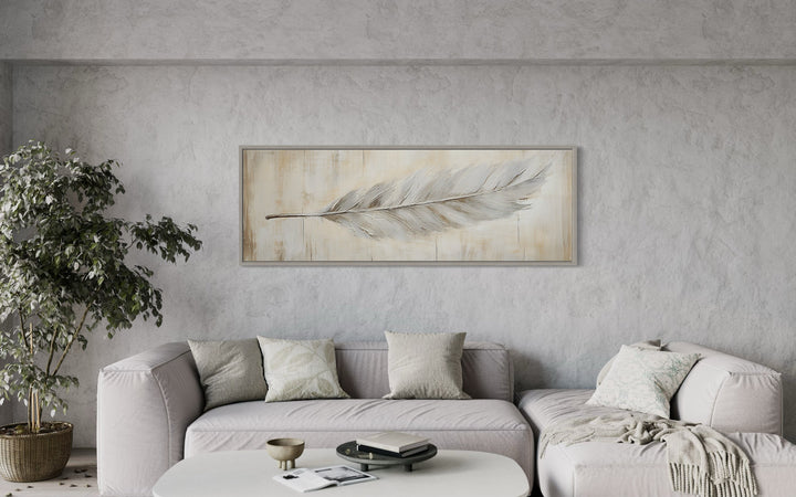 White Feather On Distressed Wood Rustic Long Narrow Wall Art