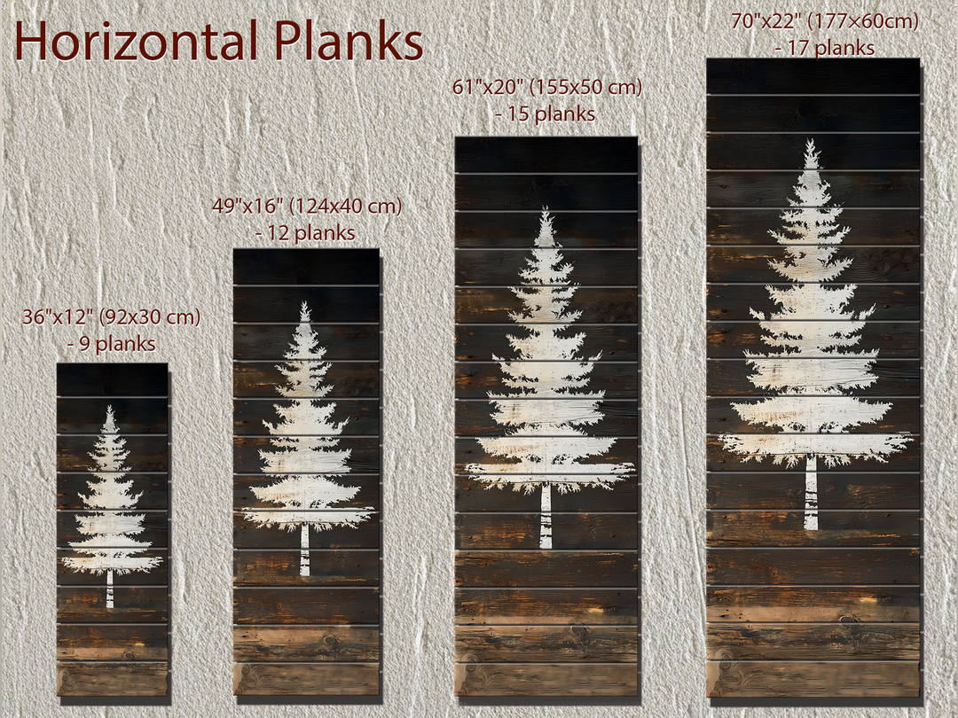 White Fir Tree Painted On Dark Brown Wood Real Wood Vertical Narrow Wall Art