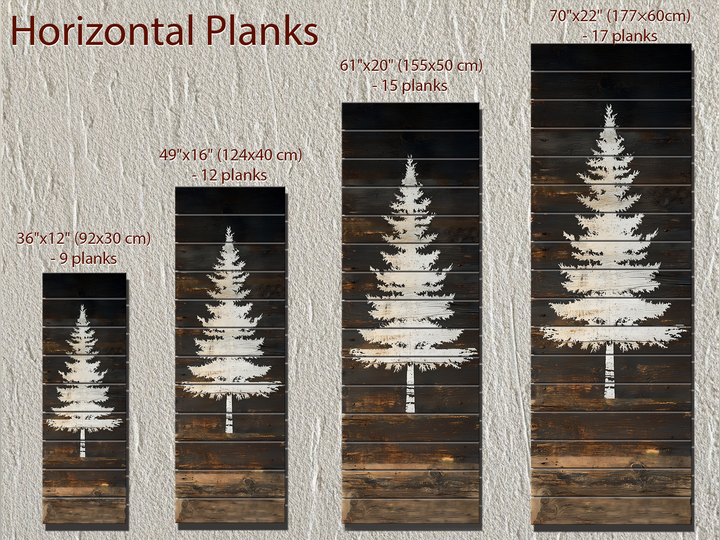 White Fir Tree Painted On Dark Brown Wood Real Wood Vertical Narrow Wall Art