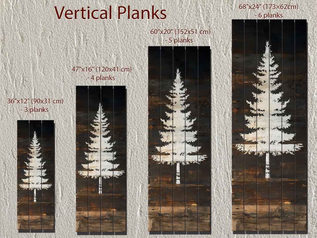White Fir Tree Painted On Dark Brown Wood Real Wood Vertical Narrow Wall Art