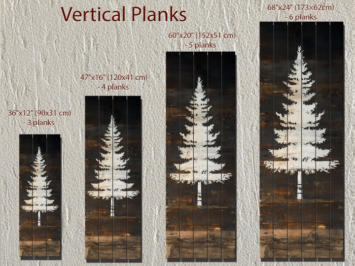 White Fir Tree Painted On Dark Brown Wood Real Wood Vertical Narrow Wall Art