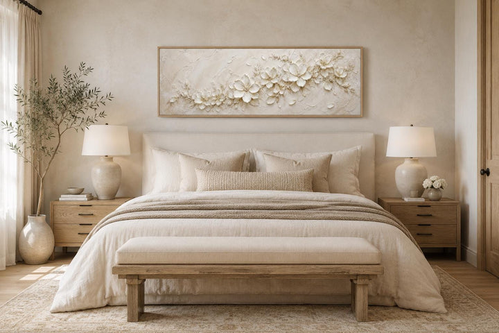 Long horizontal white floral canvas art with textured 3D-effect petals above a neutral bed.