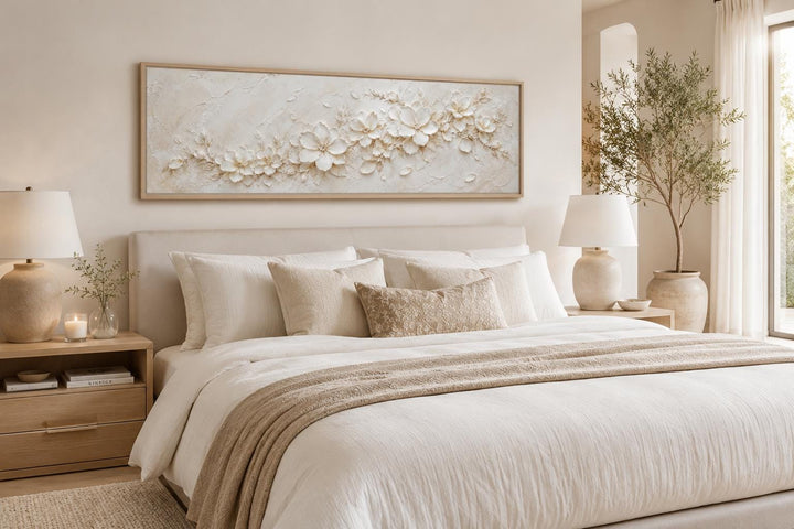 Long horizontal white floral canvas art hanging above a bed in a neutral-toned bedroom.