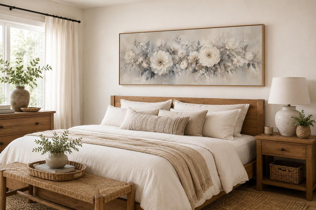 White floral peony painting on a long horizontal canvas print hanging above a wooden bed frame.
