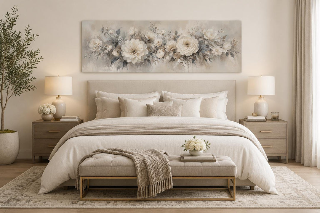 Long horizontal canvas print of white peonies in a neutral bedroom above a beige headboard.
