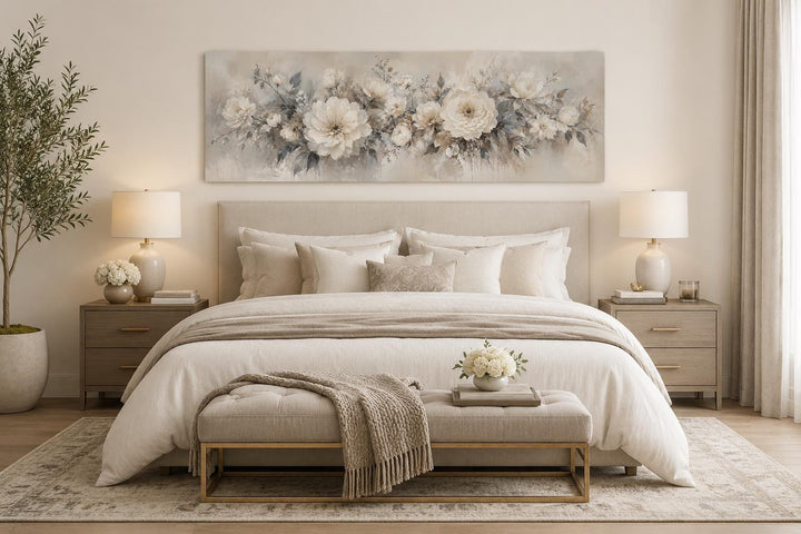 Long horizontal canvas print of white peonies in a neutral bedroom above a beige headboard.