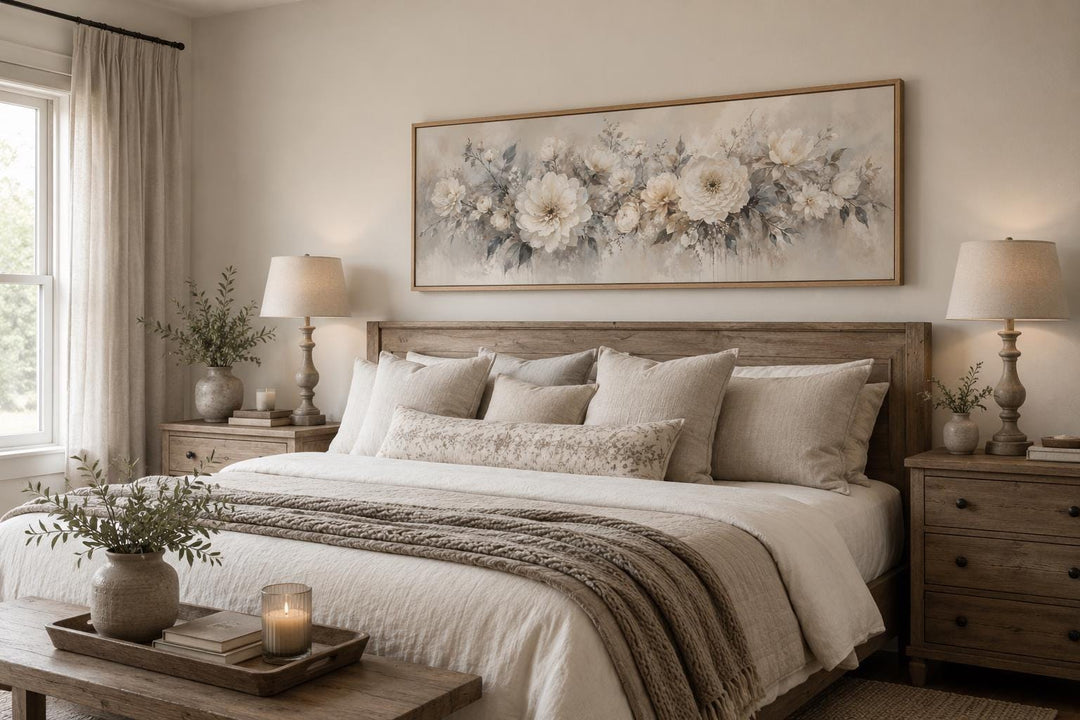 White floral peony painting on a long horizontal canvas print hanging above a wooden bed frame.