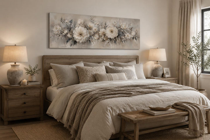 White peony floral painting on a long horizontal canvas print hanging above a bed in a bedroom.