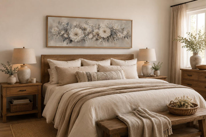 Long horizontal canvas print of white peonies in a neutral bedroom above a wooden headboard.