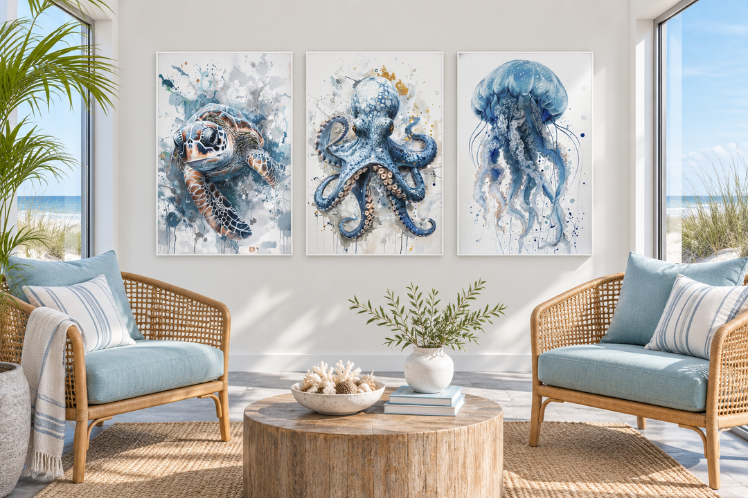 Three-piece marine animal wall art set featuring an octopus, sea turtle, and jellyfish in blue.