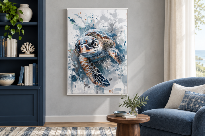 Blue sea turtle framed canvas wall art in a coastal-style living room with a blue armchair.