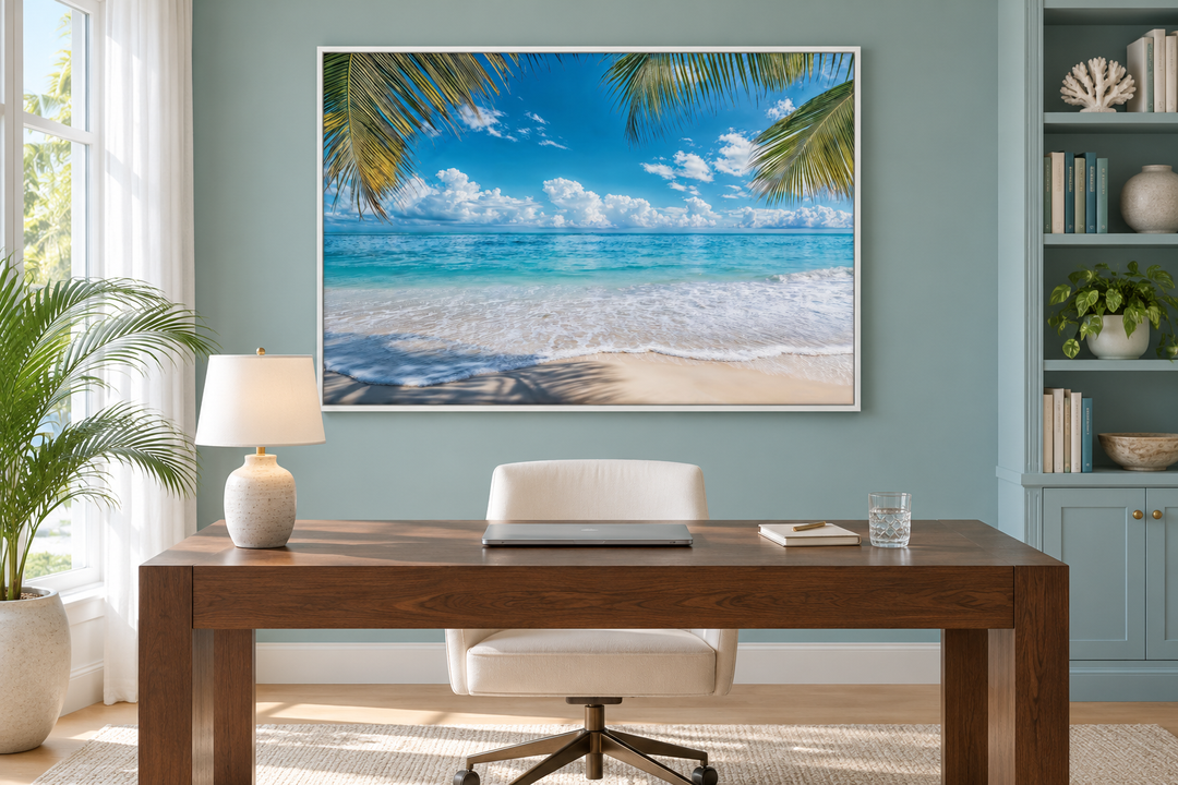 Tropical beach framed canvas wall art with palm trees and turquoise water in a coastal office.