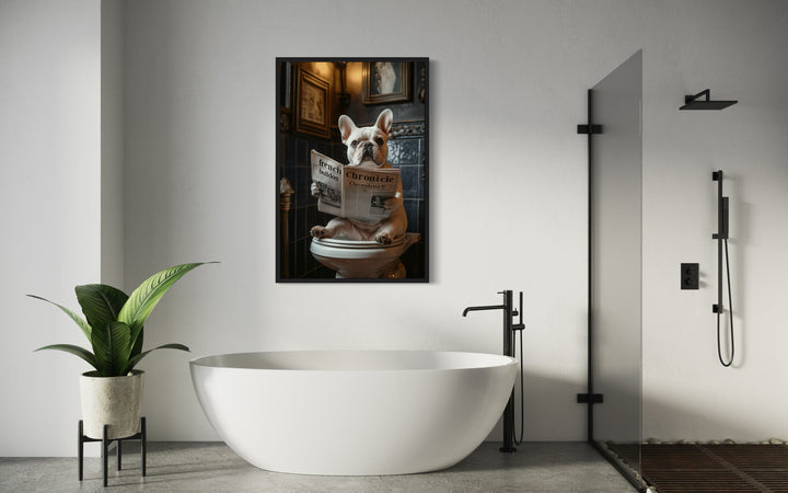 White French Bulldog On The Toilet Reading Newspaper wall art in the bathroom