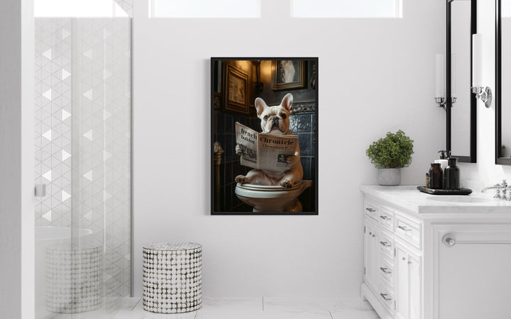 White French Bulldog On The Toilet Reading Newspaper wall art in the bathroom