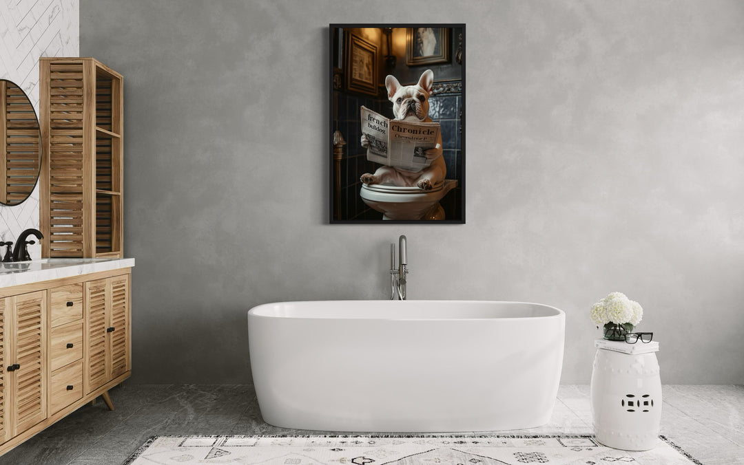 White French Bulldog On The Toilet Reading Newspaper wall art in the bathroom