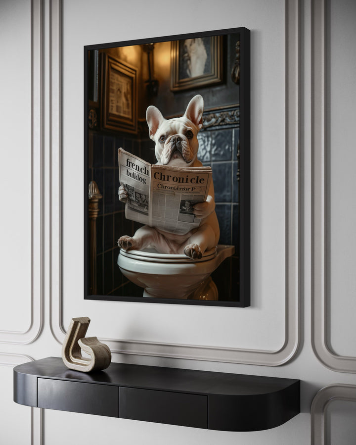 White French Bulldog On The Toilet Reading Newspaper canvas wall art side view