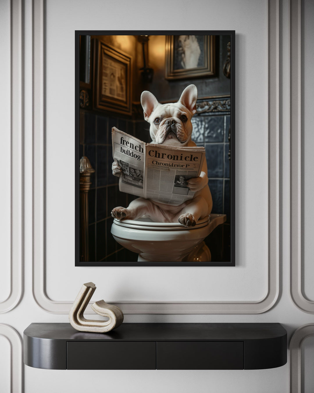 White French Bulldog On The Toilet Reading Newspaper Picture