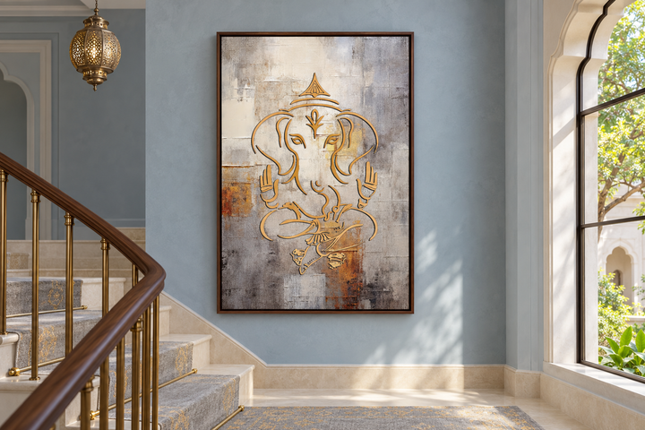 Minimalistisches, indisches Wandbild mit Ganesha-Motiv, Weißgold