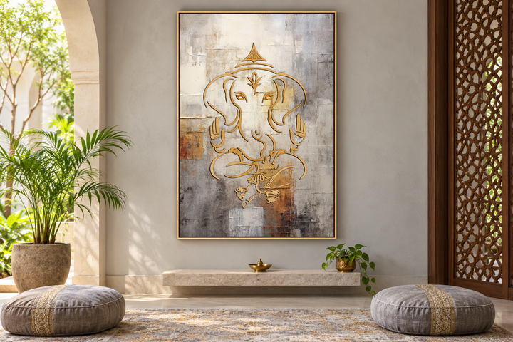 Minimalistisches, indisches Wandbild mit Ganesha-Motiv, Weißgold