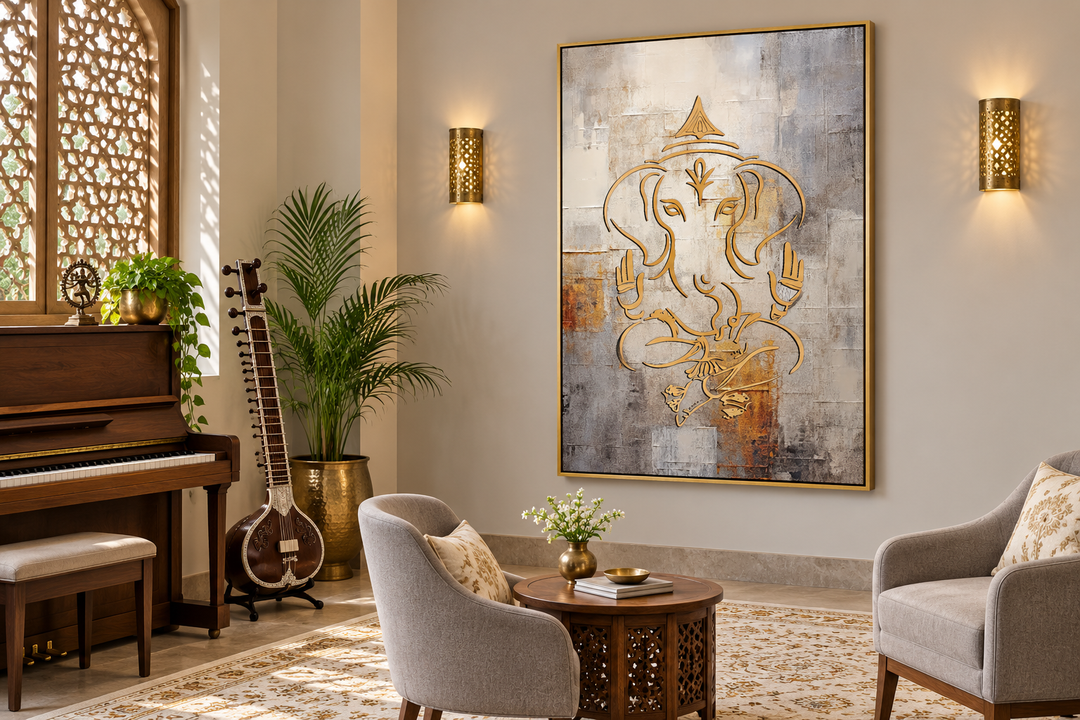 Minimalistisches, indisches Wandbild mit Ganesha-Motiv, Weißgold