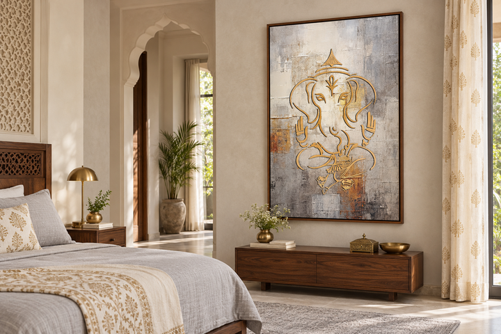 Minimalistisches, indisches Wandbild mit Ganesha-Motiv, Weißgold