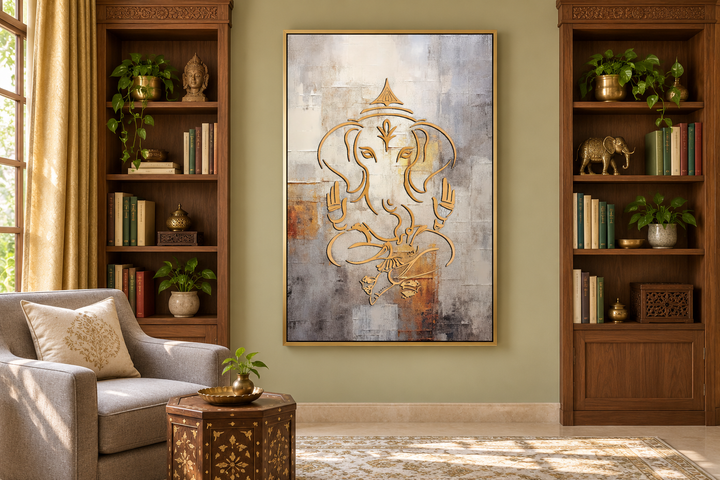 Minimalistisches, indisches Wandbild mit Ganesha-Motiv, Weißgold