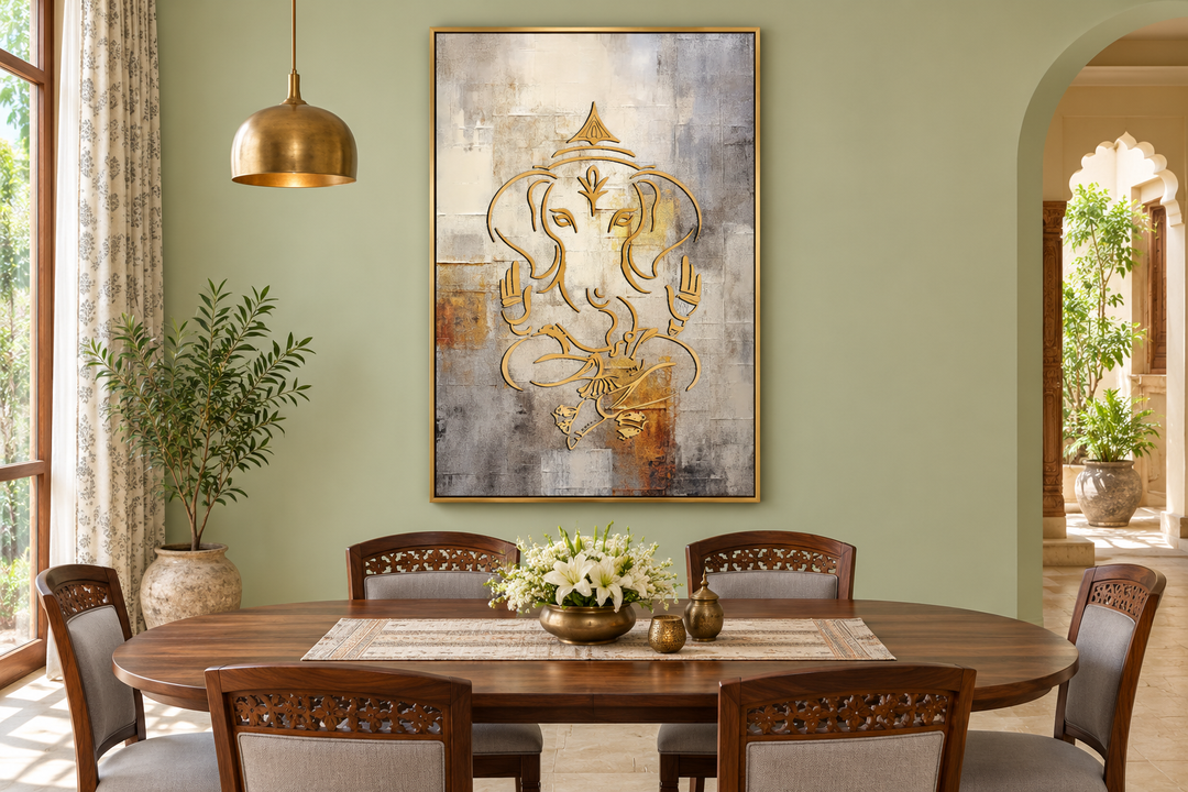 Minimalistisches, indisches Wandbild mit Ganesha-Motiv, Weißgold