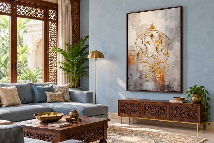 Minimalistisches, indisches Wandbild mit Ganesha-Motiv, Weißgold