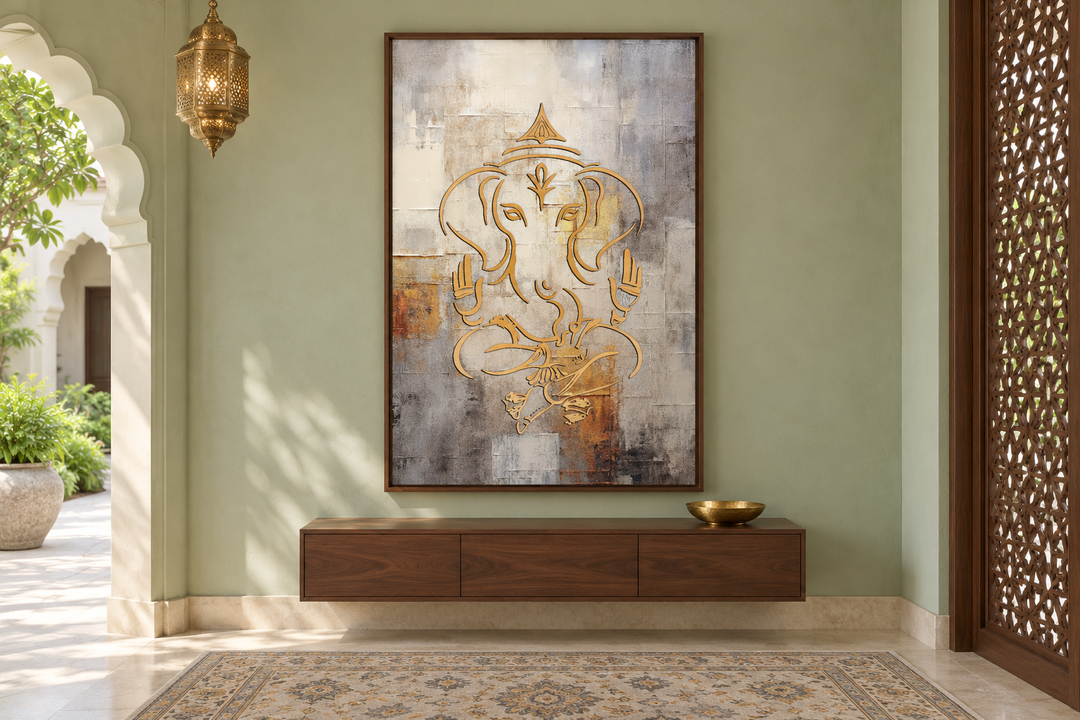 Minimalistisches, indisches Wandbild mit Ganesha-Motiv, Weißgold